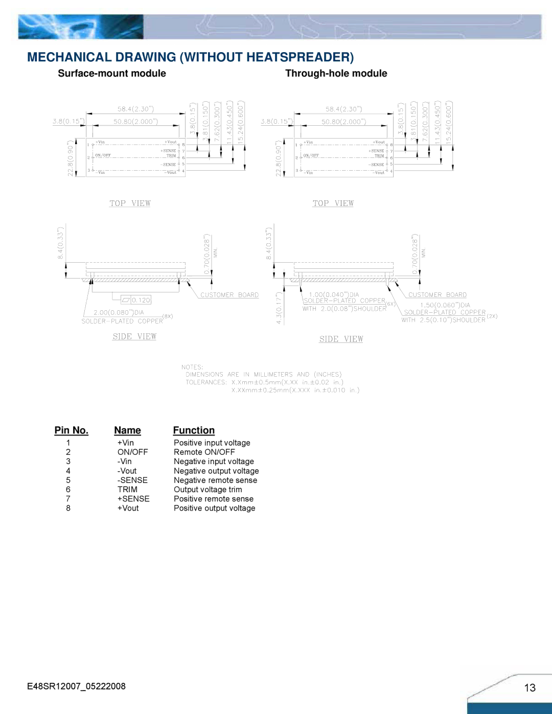 Delta Electronics E48SR12007 manual Mechanical Drawing Without Heatspreader, Surface-mount module, Pin No Name Function 