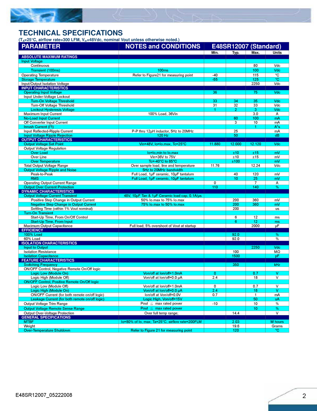 Delta Electronics E48SR12007 manual Technical Specifications, Parameter 