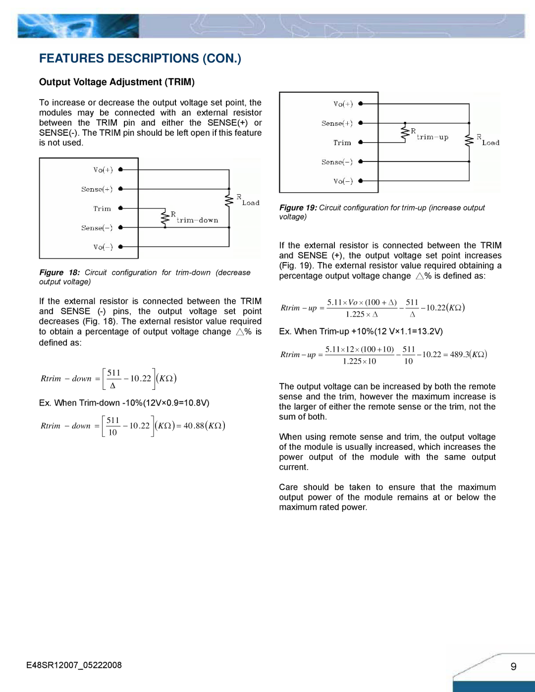 Delta Electronics E48SR12007 manual Features Descriptions CON, Output Voltage Adjustment Trim 