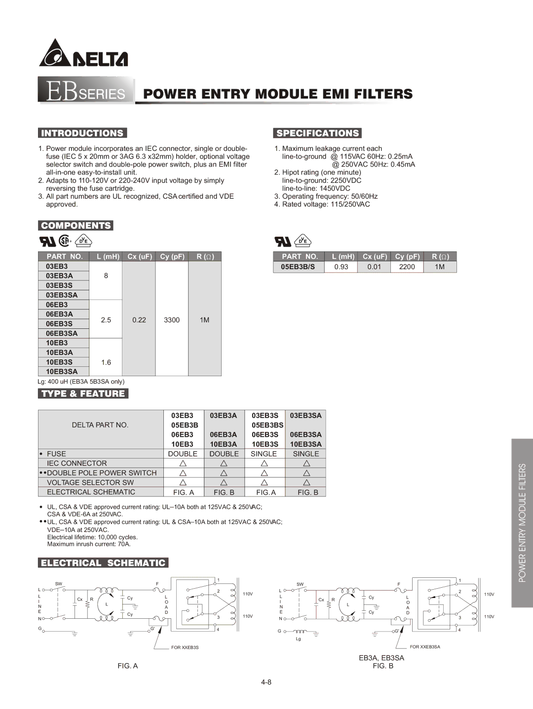 Delta Electronics EB Series specifications Introductions Specifications, Components, Type & Feature 