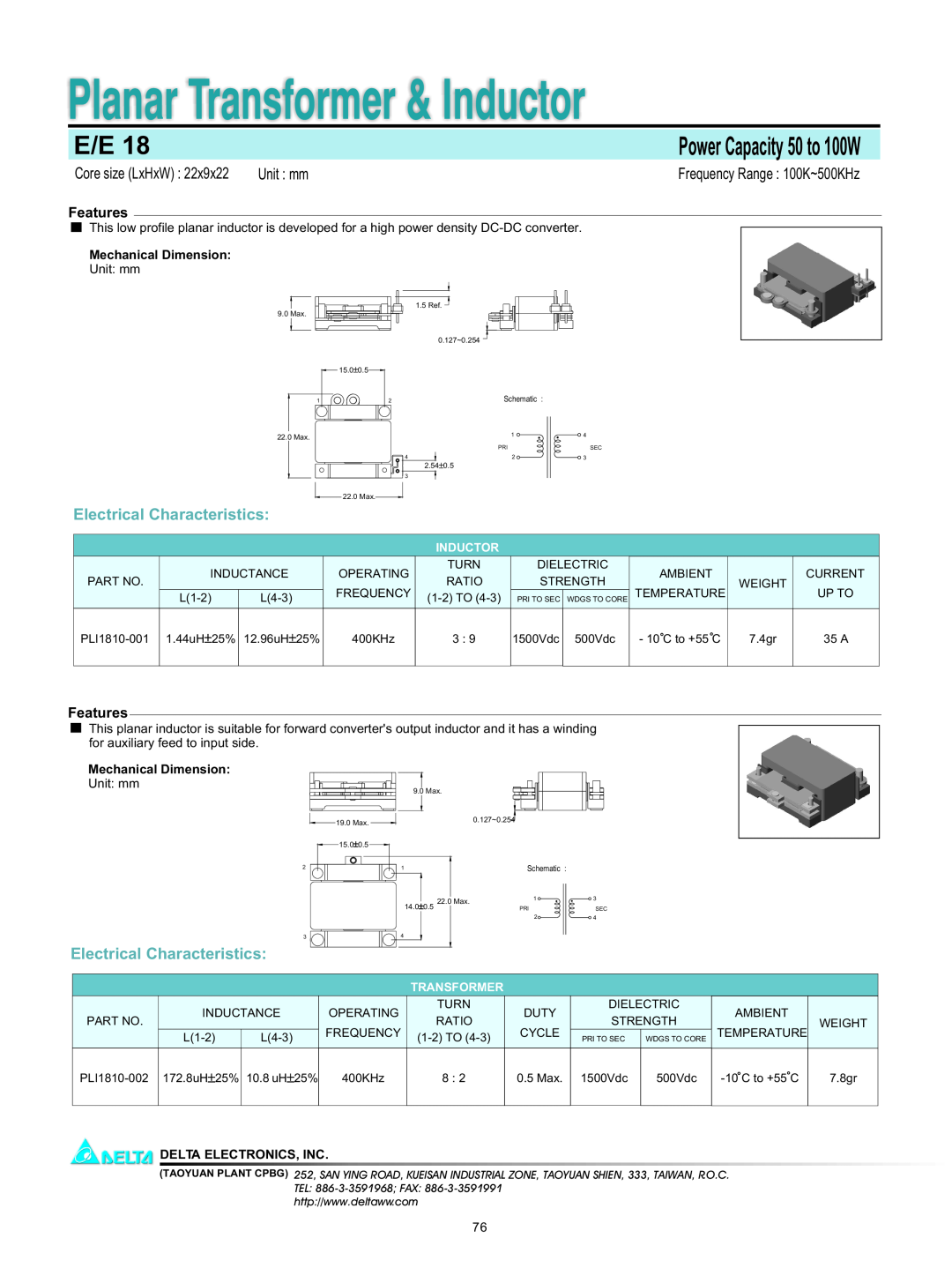 Delta Electronics E/E 18 manual Planar Transformer & Inductor, Unit mm, Electrical Characteristics, Features 