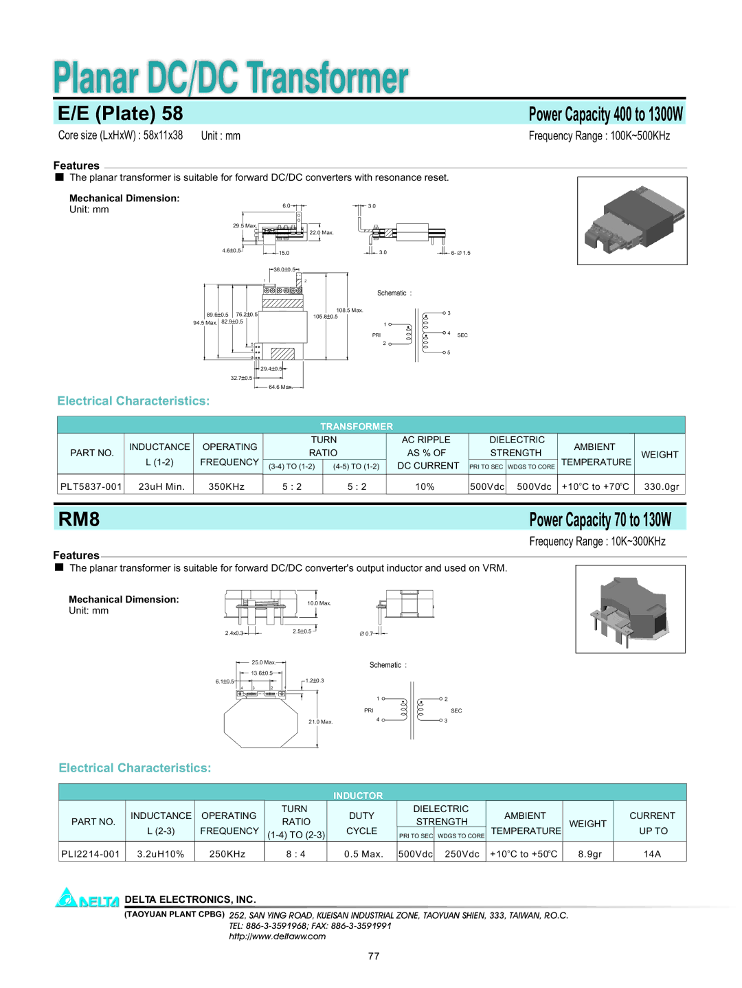 Delta Electronics E/E (Plate) 58 manual Transformer, Inductor 