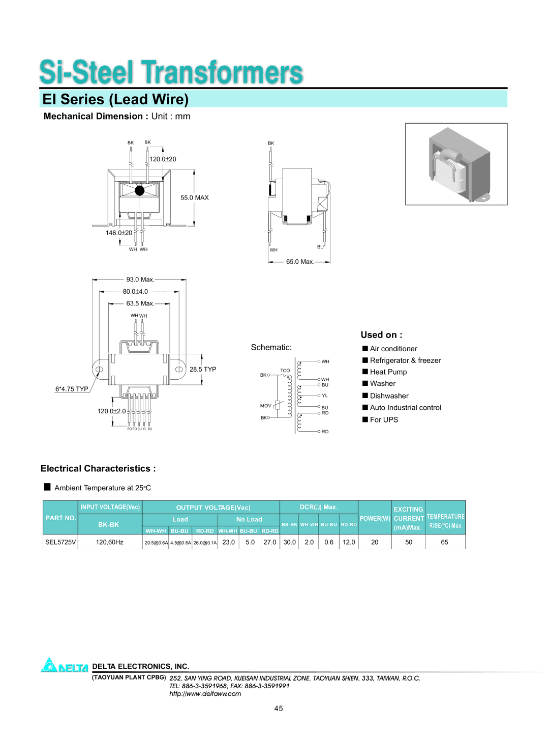 Delta Electronics manual Si-Steel Transformers, EI Series Lead Wire, Mechanical Dimension Unit mm, Used on 