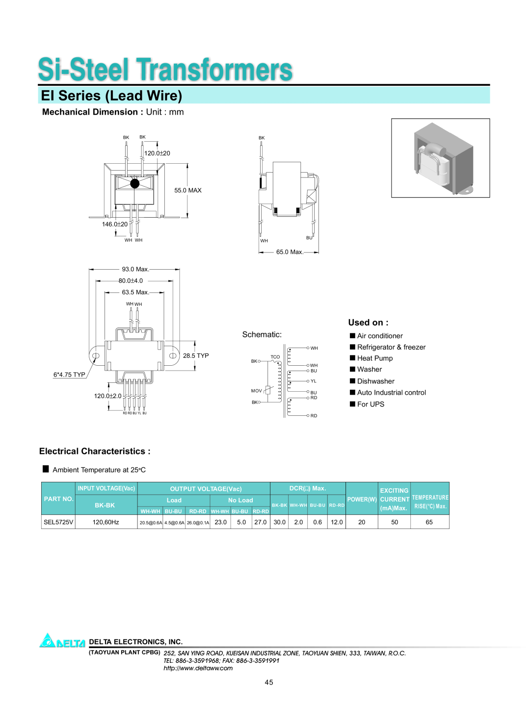 Delta Electronics manual Si-Steel Transformers, EI Series Lead Wire, Mechanical Dimension Unit mm, Used on, Schematic 