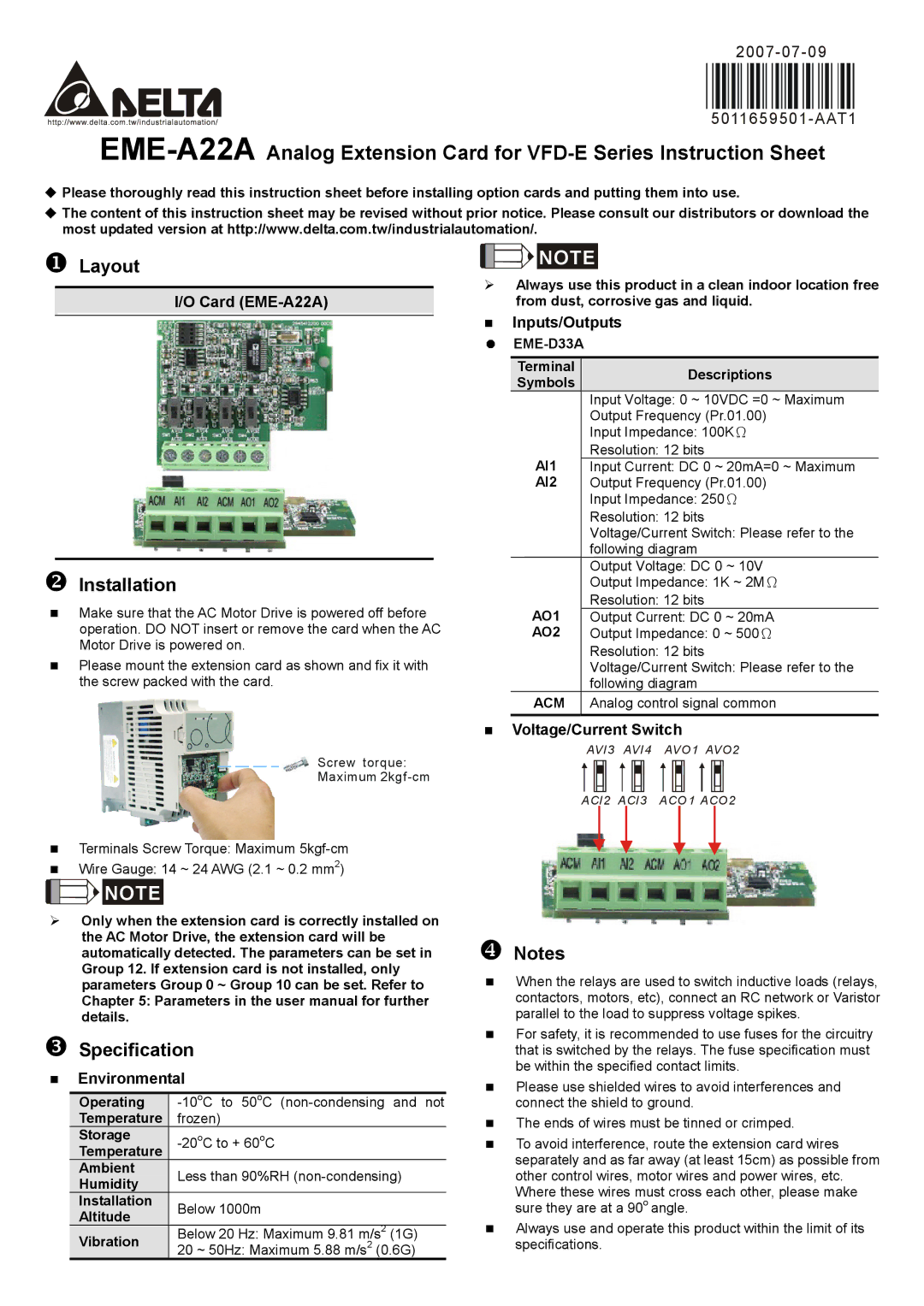 Delta Electronics EME-A22A instruction sheet Layout, Installation, Specification 