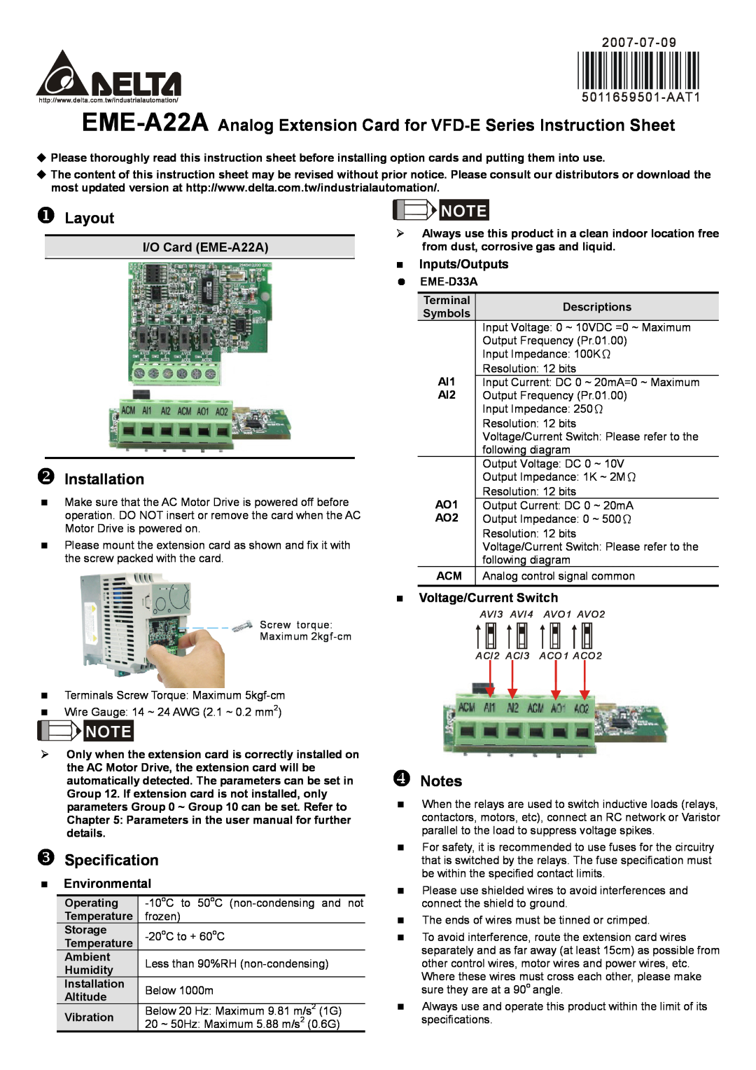 Delta Electronics instruction sheet I/O Card EME-A22A, Inputs/Outputs, Voltage/Current Switch, Environmental, Layout 