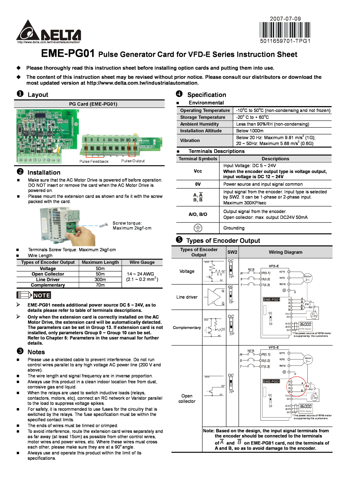 Delta Electronics instruction sheet Open, EME-PG01 Pulse Generator Card for VFD-E Series Instruction Sheet, X Layout 