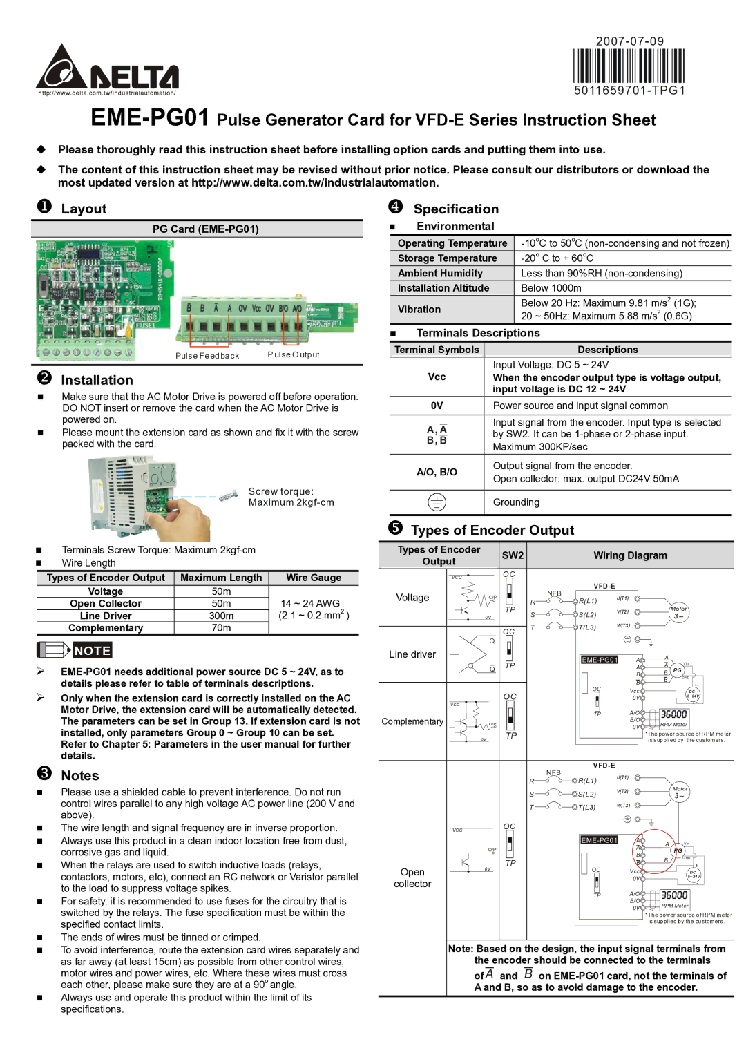 Delta Electronics EME-PG01 instruction sheet Layout, Specification, Installation, Types of Encoder Output 