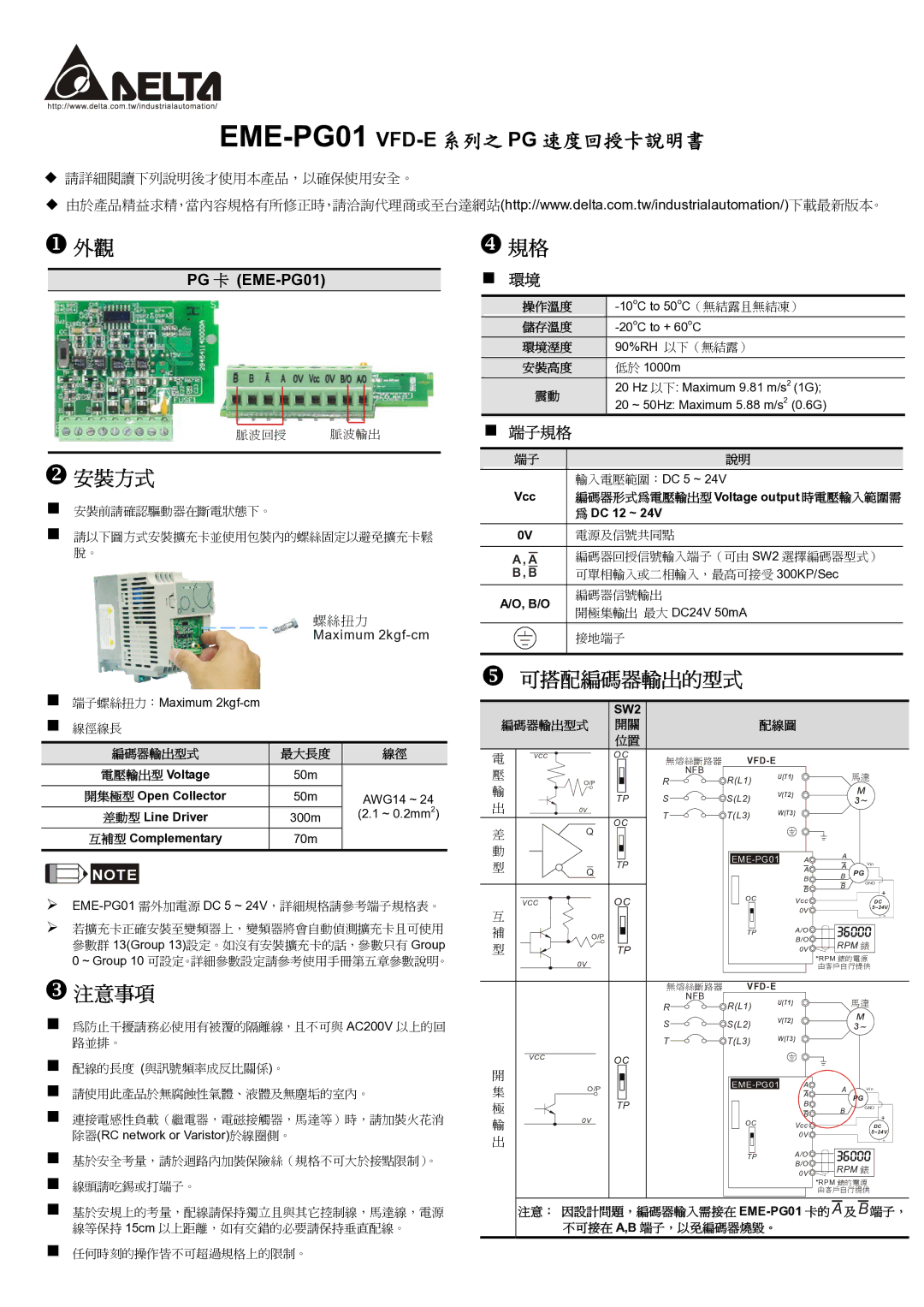 Delta Electronics EME-PG01 instruction sheet X外觀規格, 安裝方式, 注意事項 