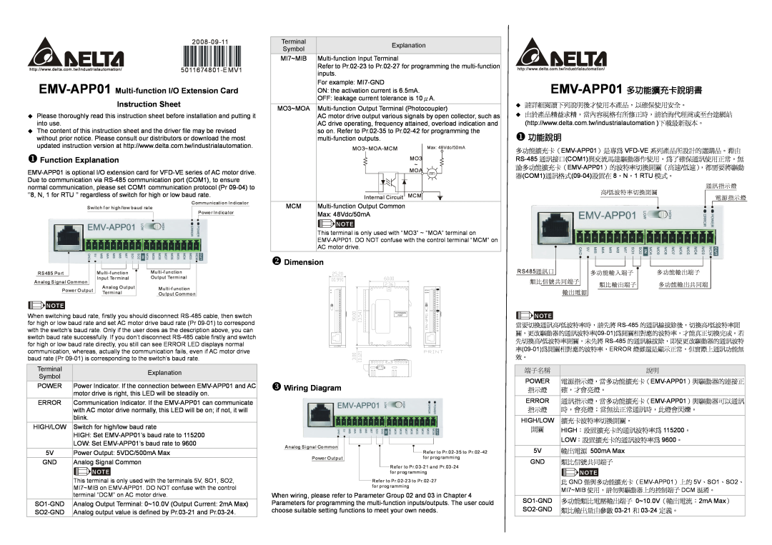 Delta Electronics instruction sheet EMV-APP01 多功能擴充卡說明書, X 功能說明, X Function Explanation, Y Dimension, Z Wiring Diagram 