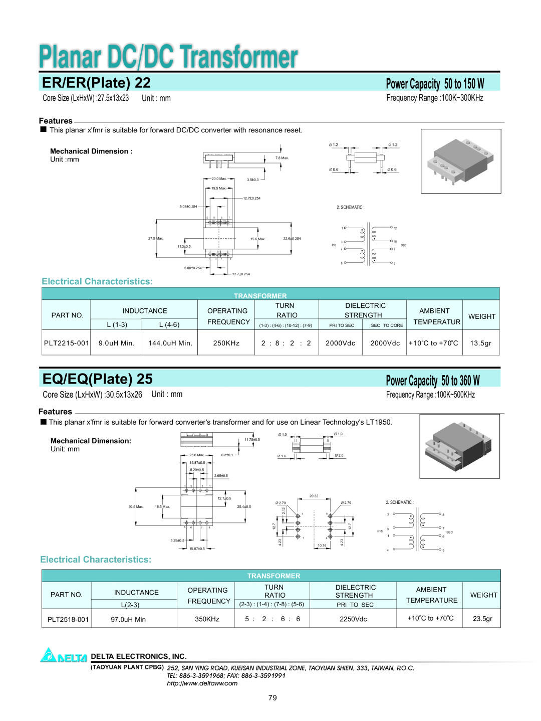 Delta Electronics ER/ER(Plate) 22 manual Planar DC/DC Transformer, ER/ERPlate, EQ/EQPlate, Electrical Characteristics 