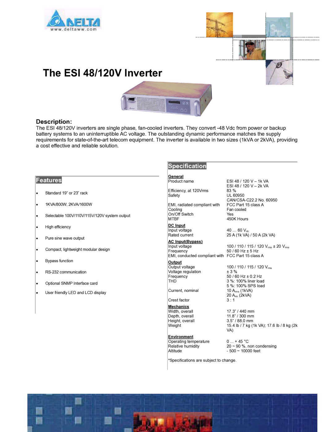 Delta Electronics ESI 120V specifications ESI 48/120V Inverter, Description, Features, Specification 