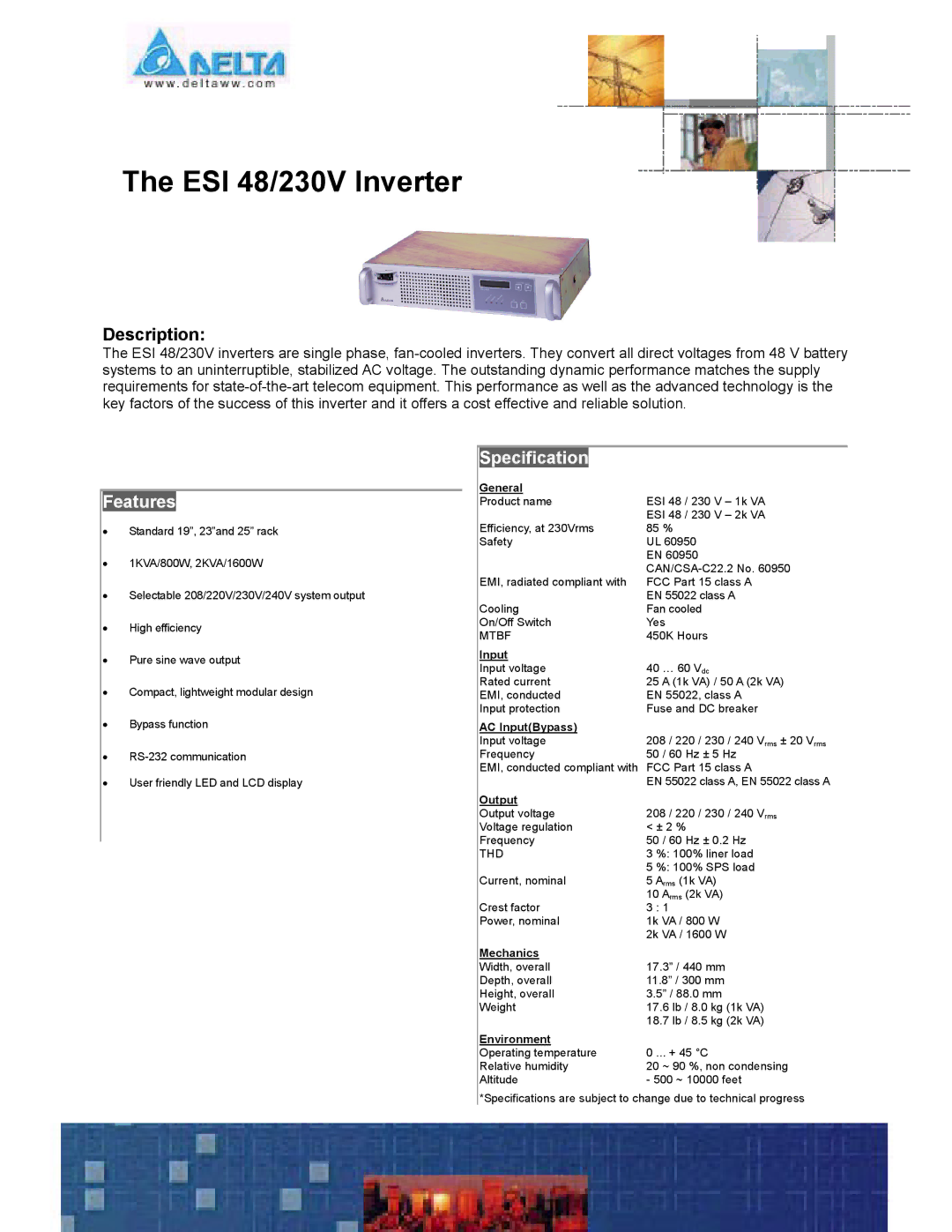 Delta Electronics ESI 48/230V specifications Features, Specification 