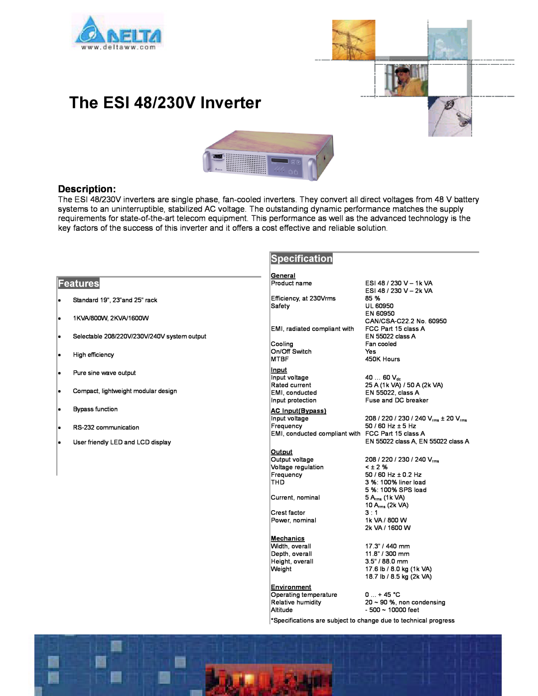 Delta Electronics specifications The ESI 48/230V Inverter, Description, Features, Specification, General, Input, Output 