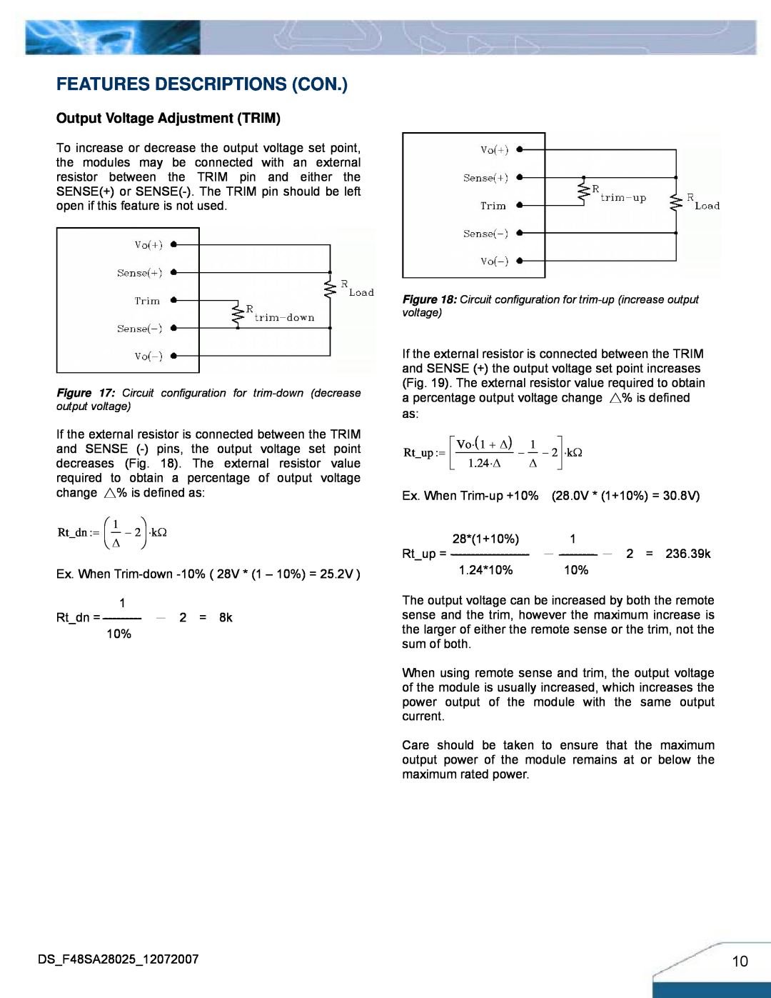 Delta Electronics F48SA manual Features Descriptions Con, Output Voltage Adjustment TRIM 