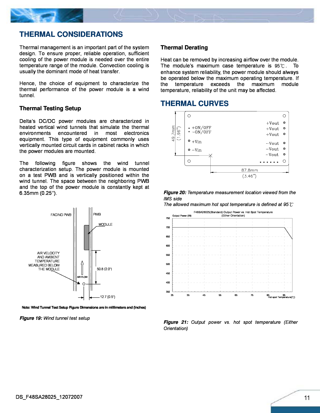 Delta Electronics F48SA manual Thermal Considerations, Thermal Curves, Thermal Testing Setup, Thermal Derating 