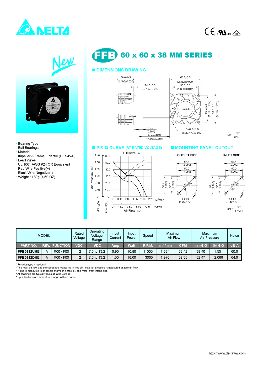 Delta Electronics FFB0612DHE dimensions FFB 60 x 60 x 38 MM Series, Dimensions Drawing, REV Function VDC, H2O 