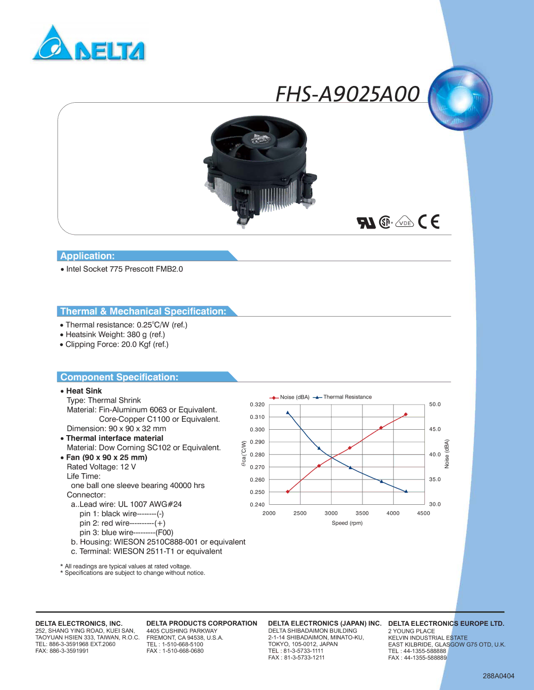 Delta Electronics FHS-A7015A40, FHS-A7015B40 specifications FHS-A9025A00, Fan 90 x 90 x 25 mm 