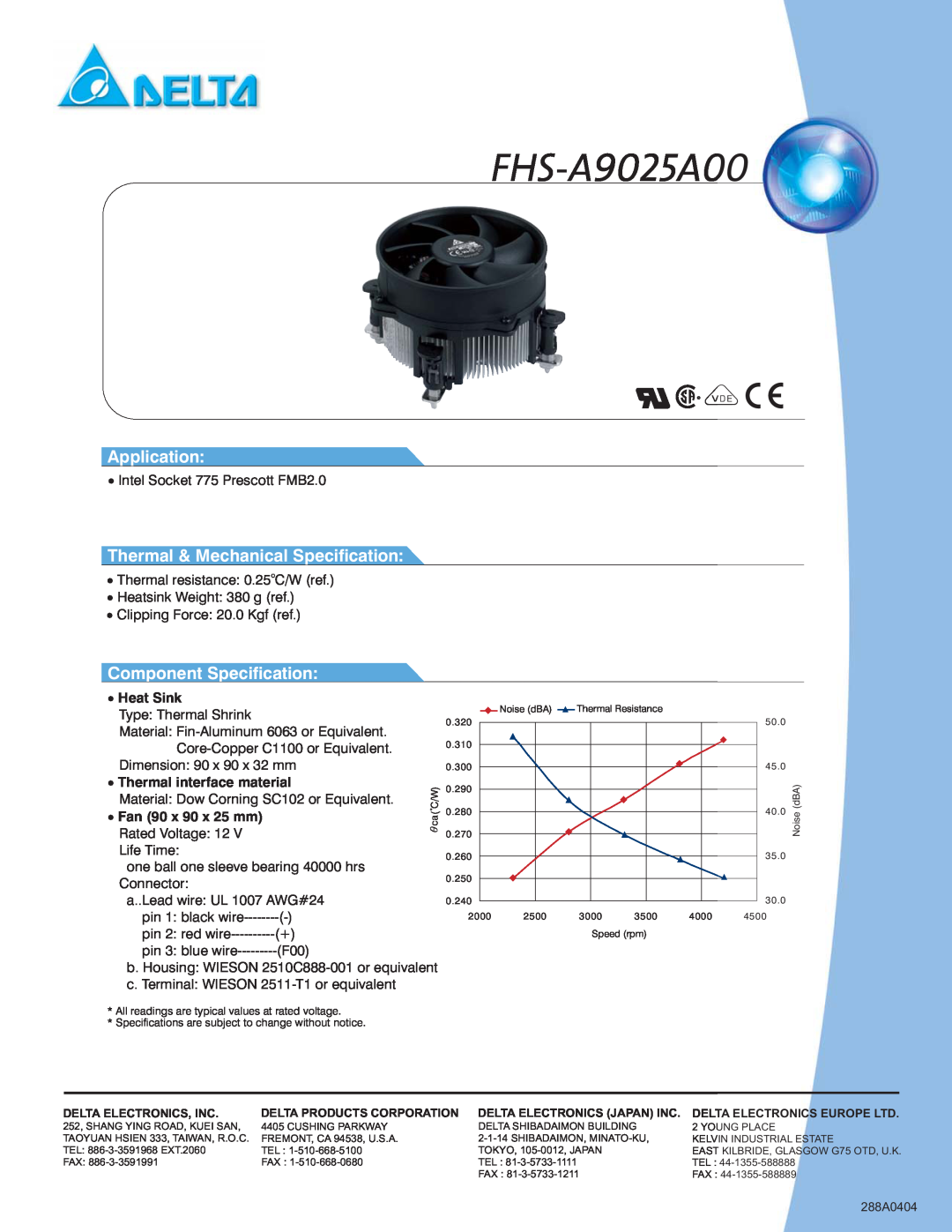 Delta Electronics FHS-A7015A40 FHS-A9025A00, Fan 90 x 90 x 25 mm, Application, Thermal & Mechanical Specification 