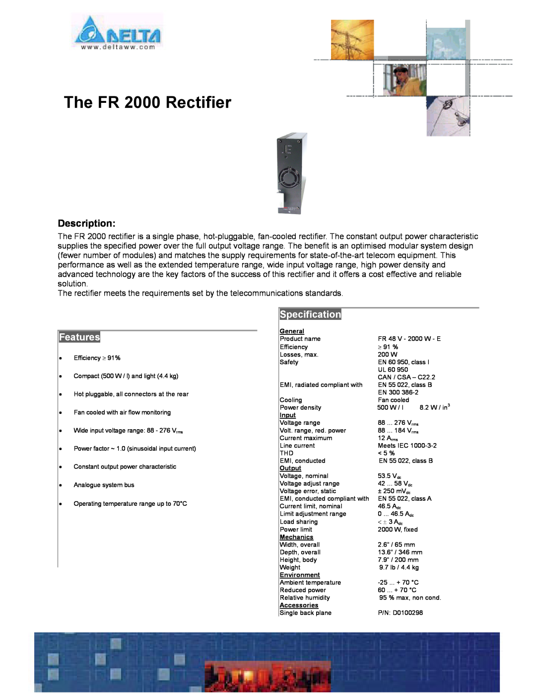 Delta Electronics manual The FR 2000 Rectifier, Description, Features, Specification 