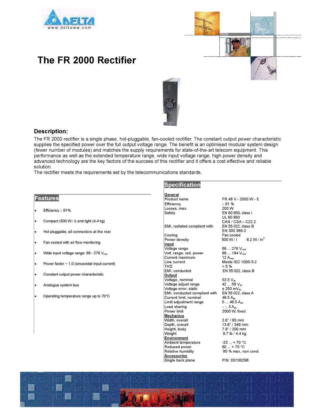 Delta Electronics manual FR 2000 Rectifier, Description, Features, Specification 