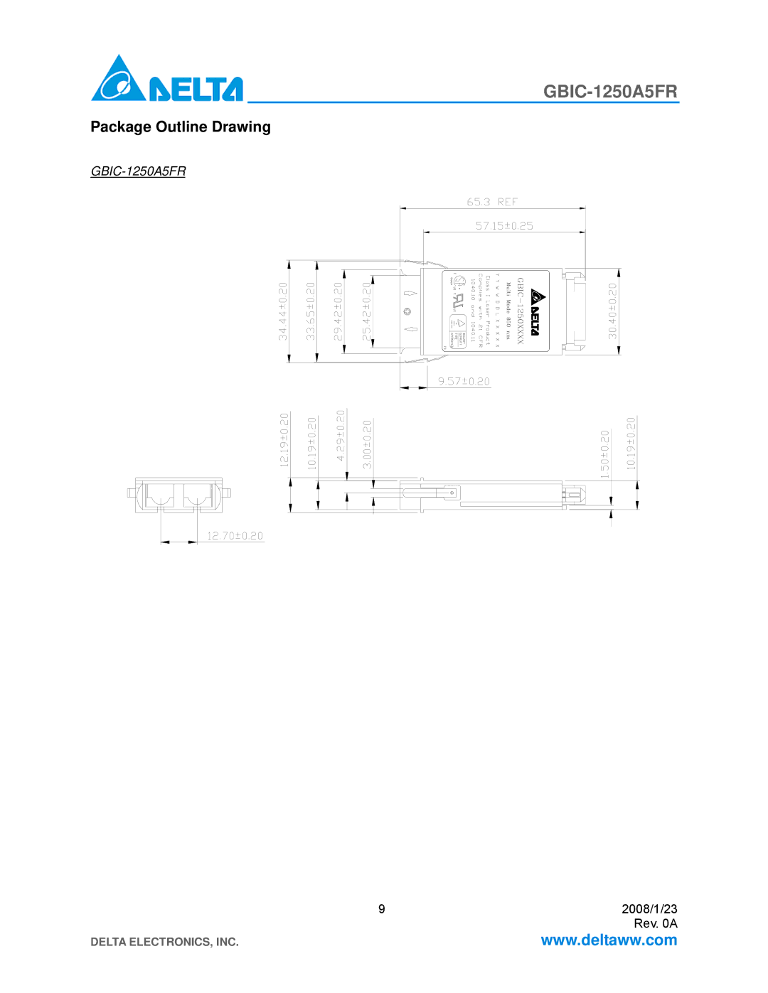 Delta Electronics GBIC-1250A5FR specifications Package Outline Drawing 