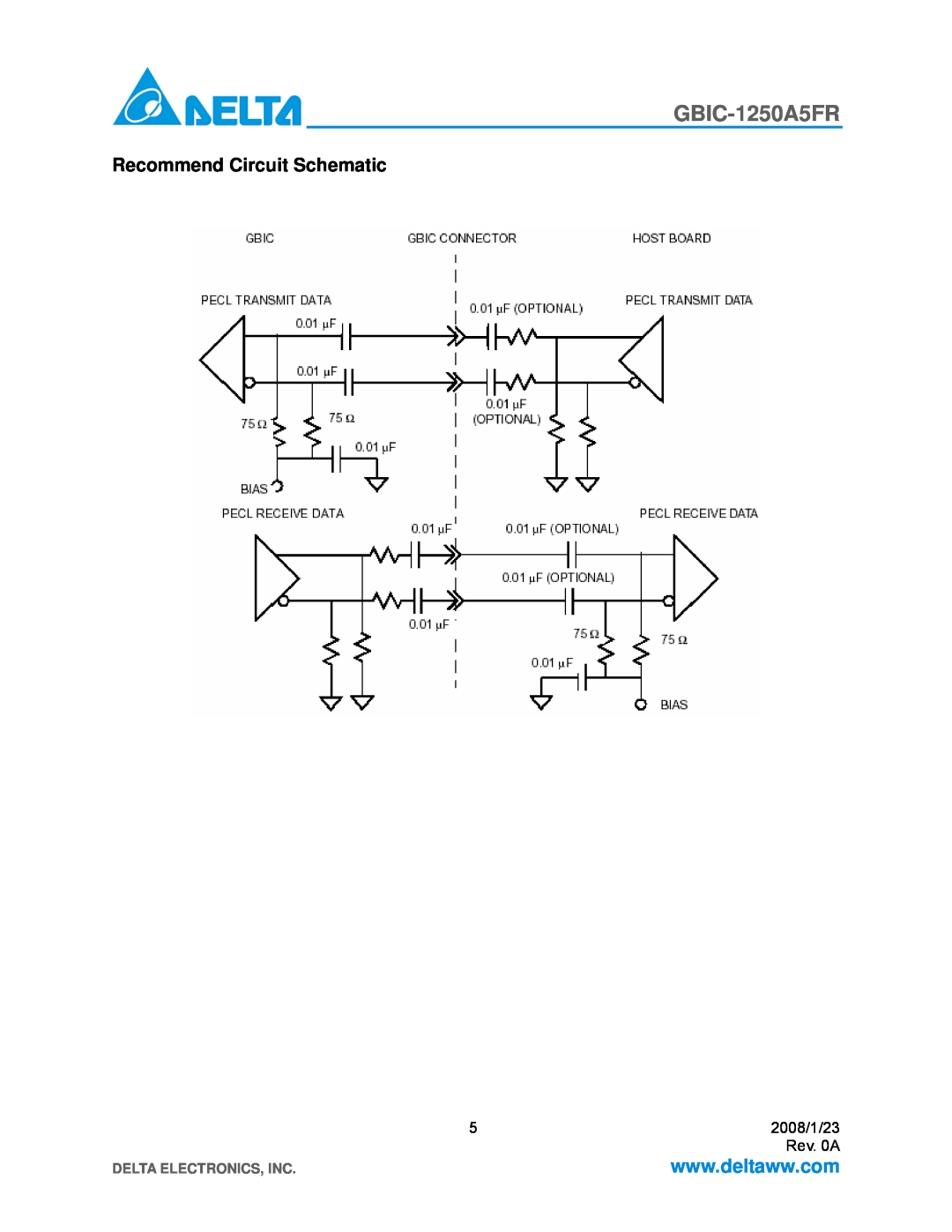 Delta Electronics GBIC-1250A5FR specifications Recommend Circuit Schematic, Delta Electronics, Inc 
