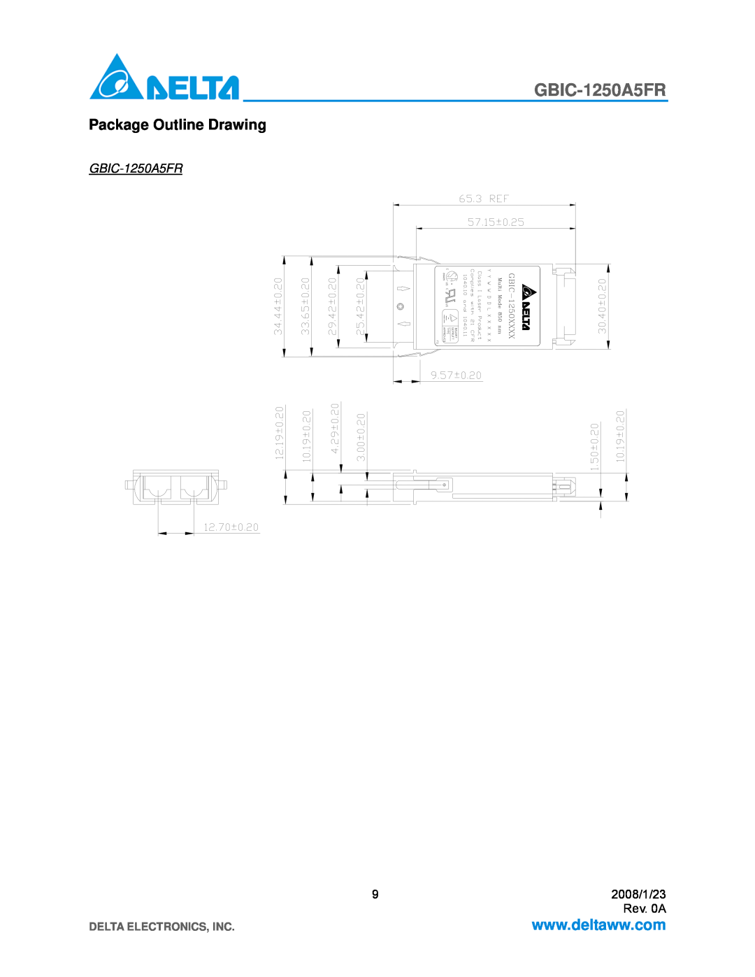 Delta Electronics GBIC-1250A5FR specifications Package Outline Drawing, Delta Electronics, Inc 
