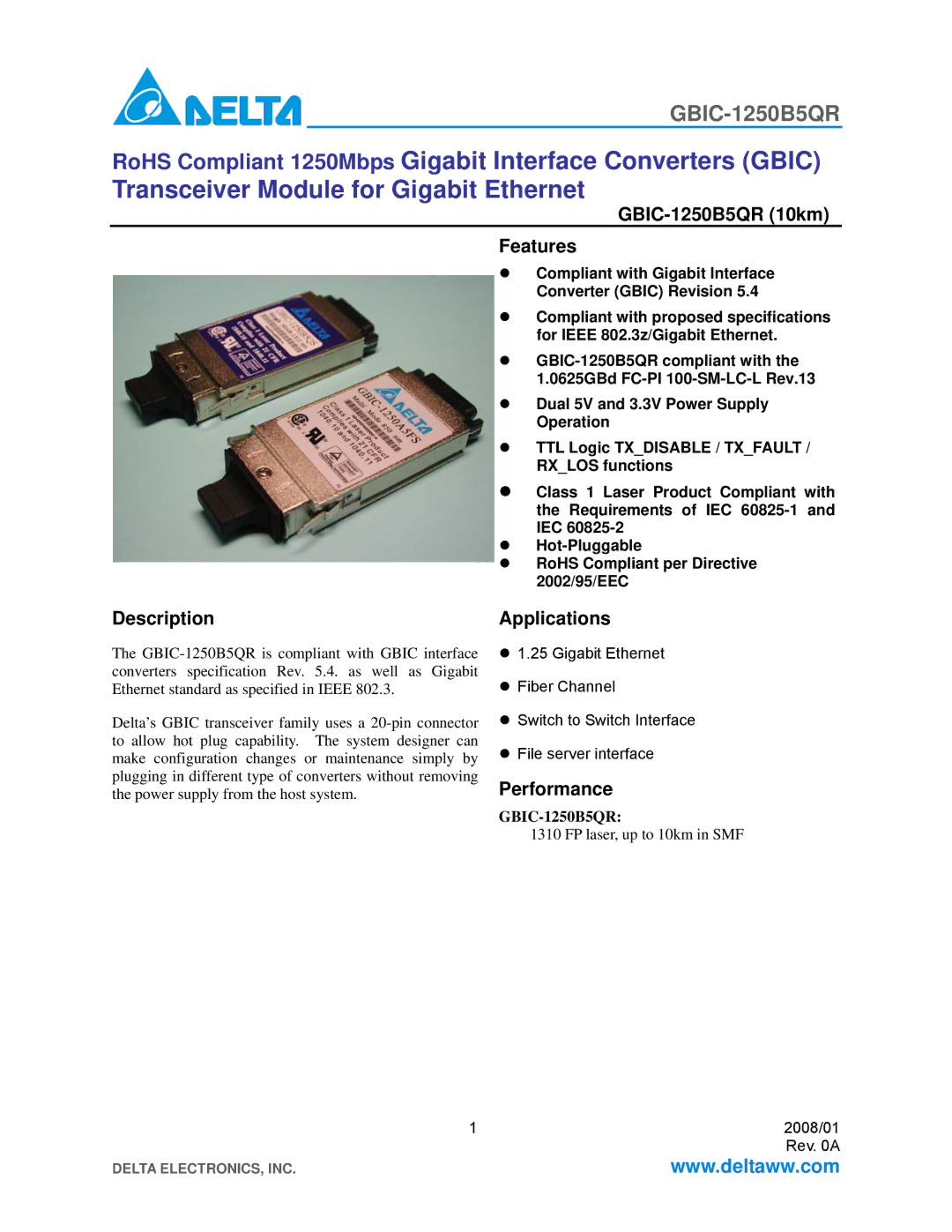 Delta Electronics specifications GBIC-1250B5QR 10km Features, Description, Applications, Performance 