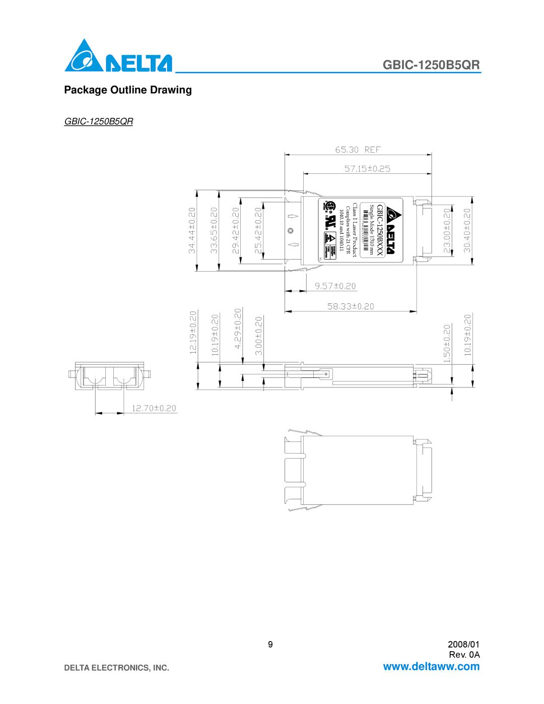 Delta Electronics GBIC-1250B5QR specifications Package Outline Drawing 