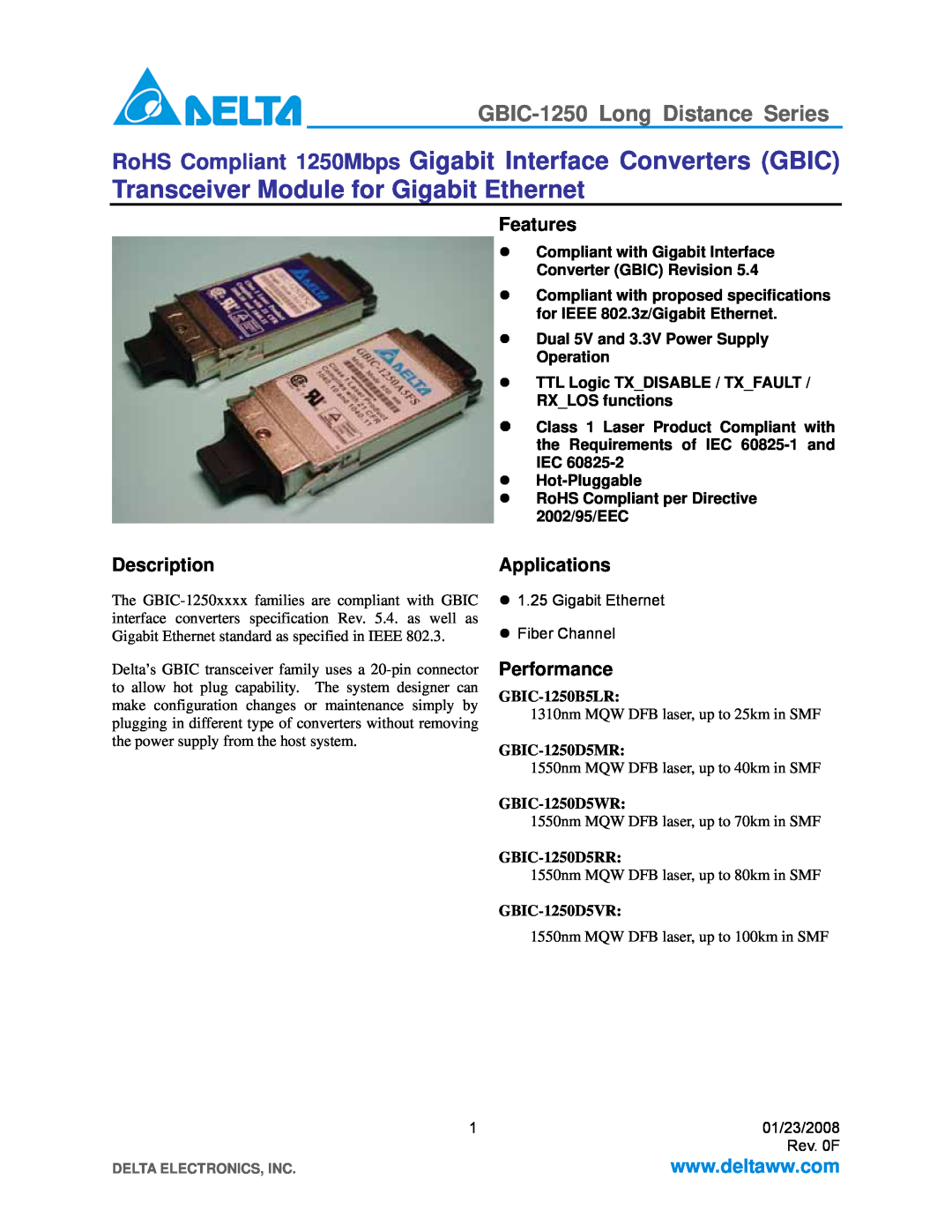 Delta Electronics GBIC-1250D5RR specifications GBIC-1250 Long Distance Series, Features, Description, Applications 