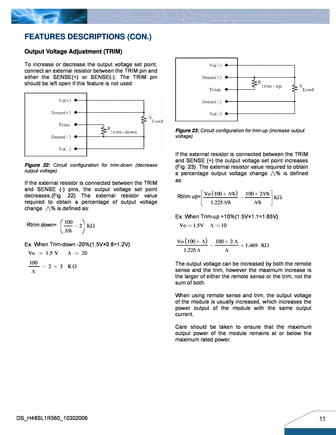 Delta Electronics H48SL manual Features Descriptions Con, Output Voltage Adjustment TRIM, ⎝ ∆% 
