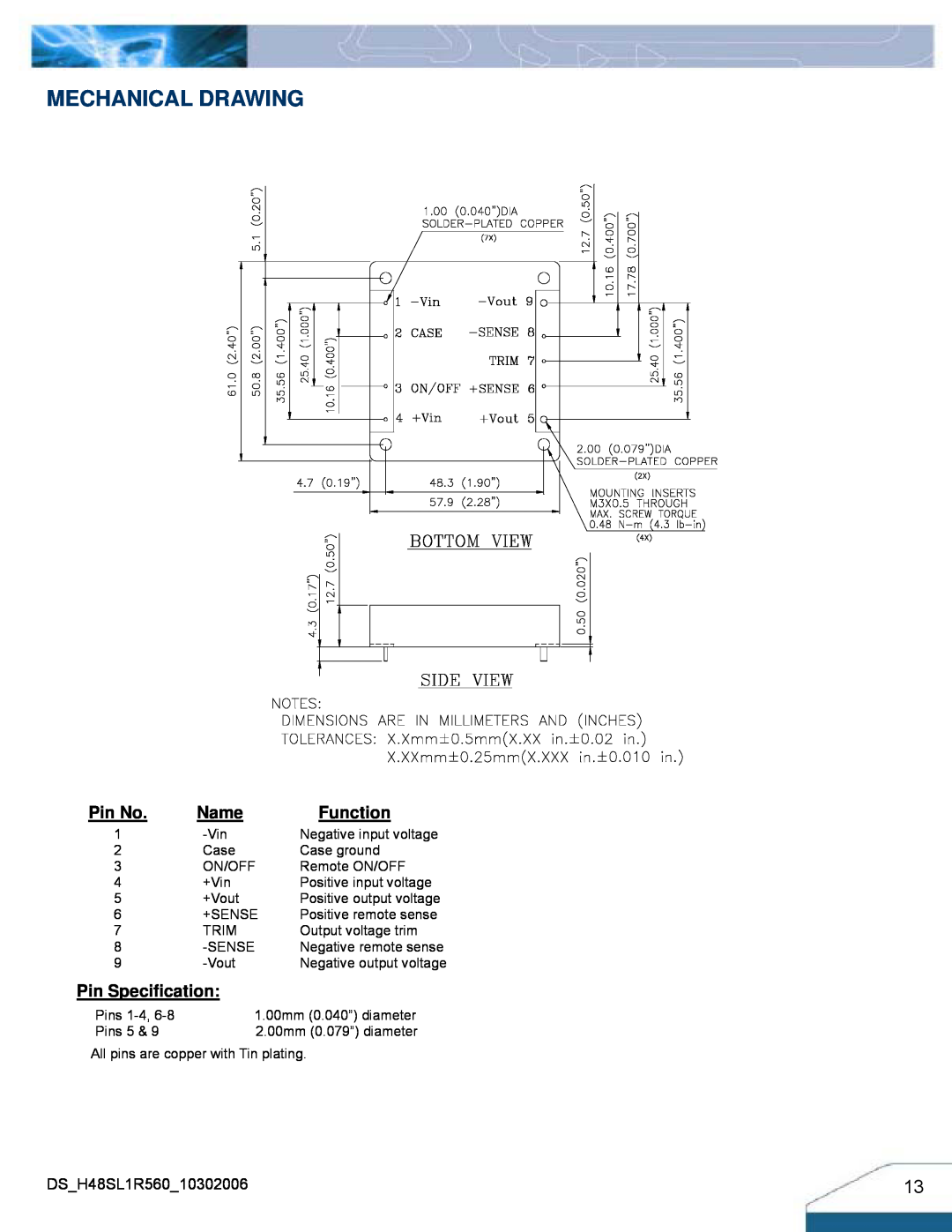 Delta Electronics H48SL manual Mechanical Drawing, Name, Function, Pin Specification, Pin No 