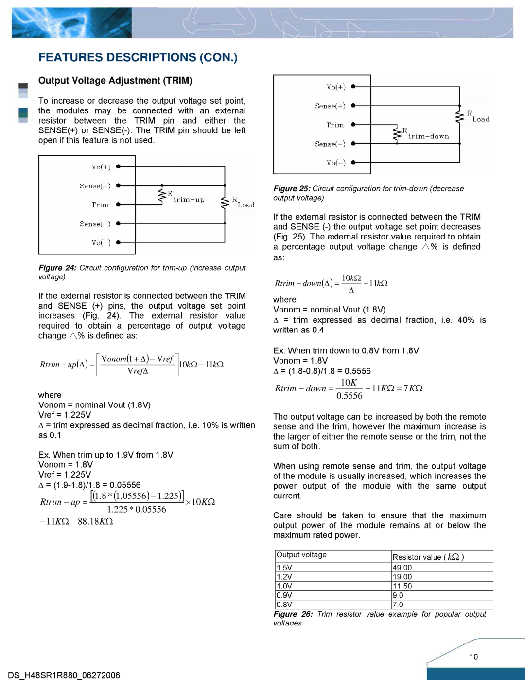 Delta Electronics H48SR manual Features Descriptions CON, Output Voltage Adjustment Trim 