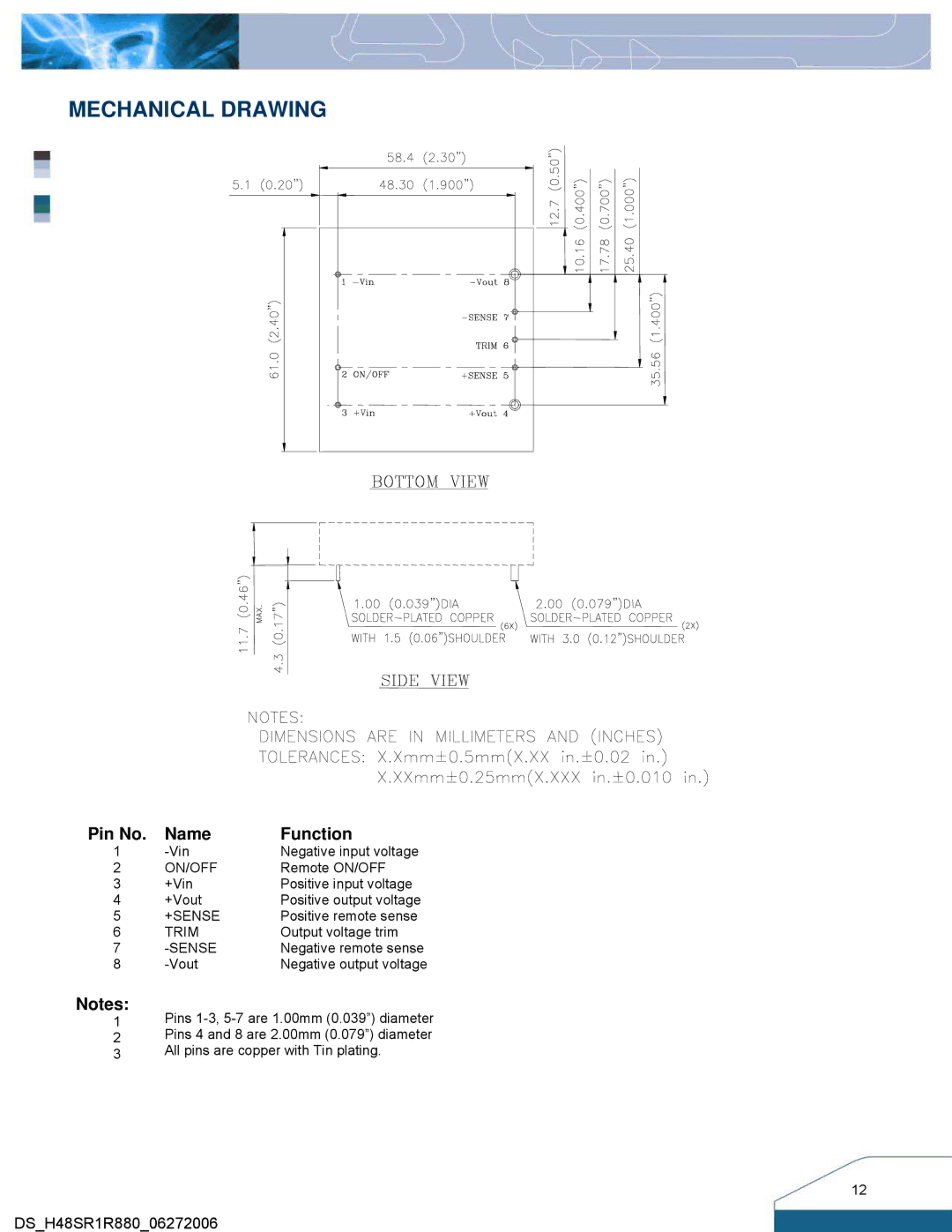 Delta Electronics H48SR manual Mechanical Drawing, Pin No Name Function 