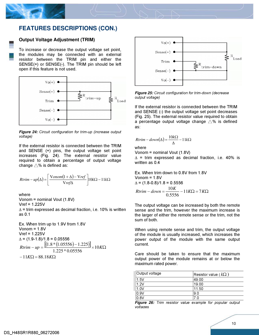 Delta Electronics H48SR Features Descriptions Con, Output Voltage Adjustment TRIM, Rtrim − down = 0.555610K − 11KΩ = 7KΩ 