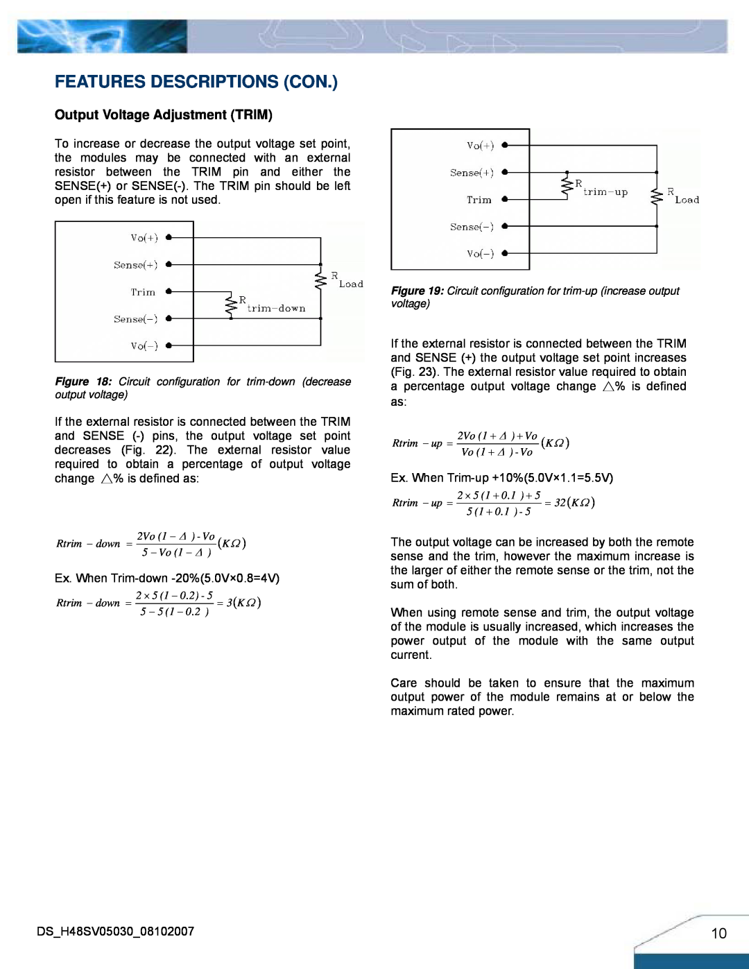 Delta Electronics H48SV manual Features Descriptions Con, Output Voltage Adjustment TRIM 