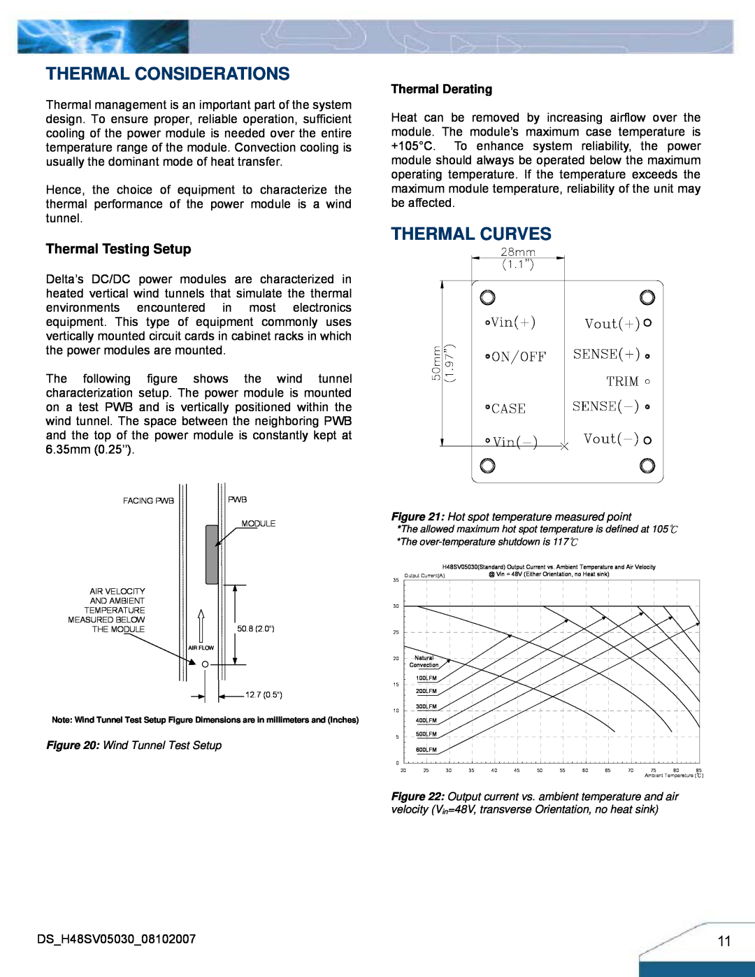Delta Electronics H48SV manual Thermal Considerations, Thermal Curves, Thermal Testing Setup, Thermal Derating 