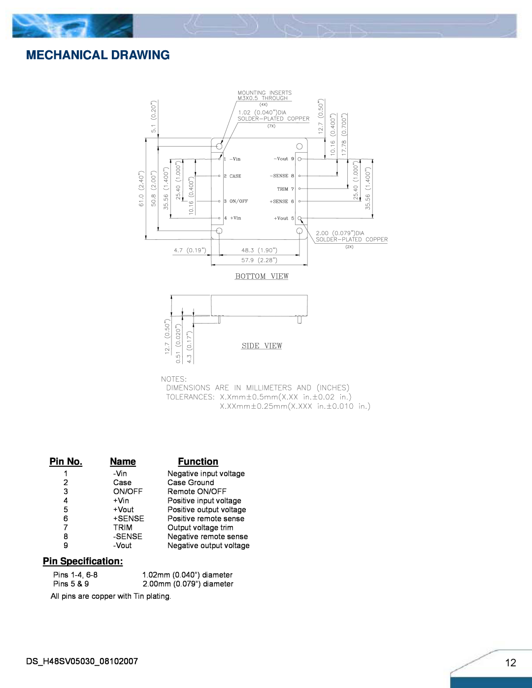Delta Electronics H48SV manual Mechanical Drawing, Name, Function, Pin Specification, Pin No 