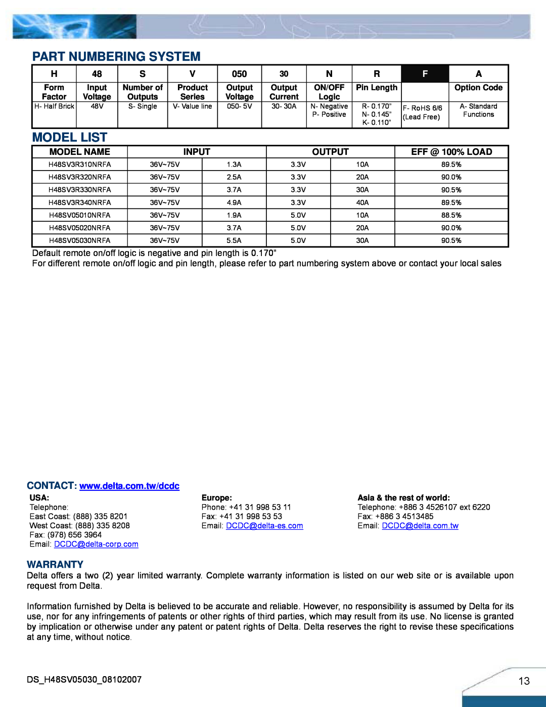 Delta Electronics H48SV manual Part Numbering System, Model List, Warranty, EFF @ 100% LOAD, Model Name, Input, Output 