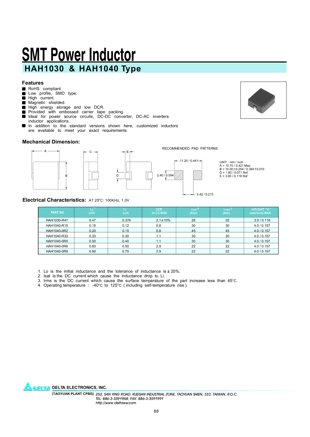 Delta Electronics manual SMT Power Inductor, HAH1030 & HAH1040 Type, Features, Mechanical Dimension 