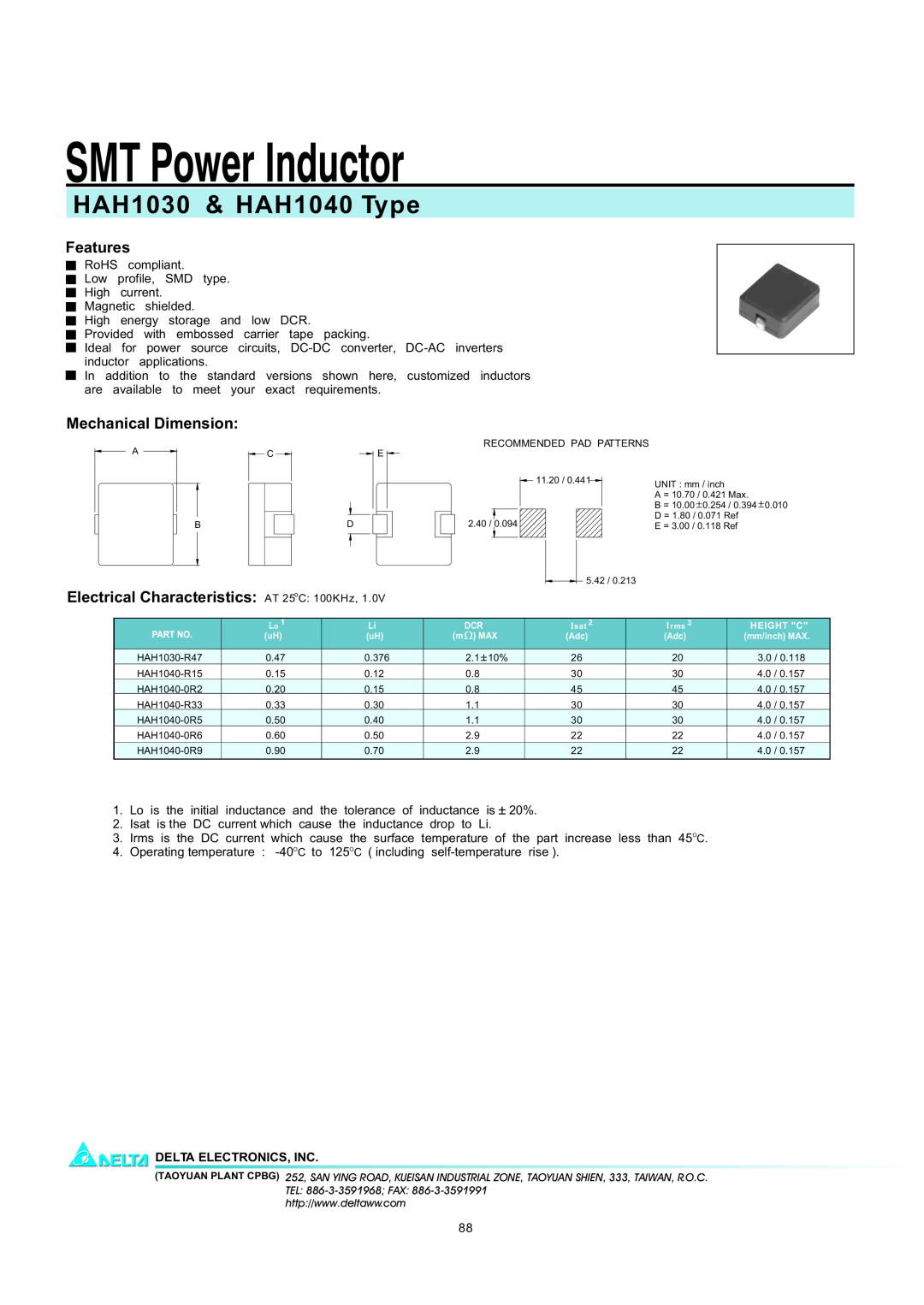 Delta Electronics manual SMT Power Inductor, HAH1030 & HAH1040 Type, Features, Mechanical Dimension 