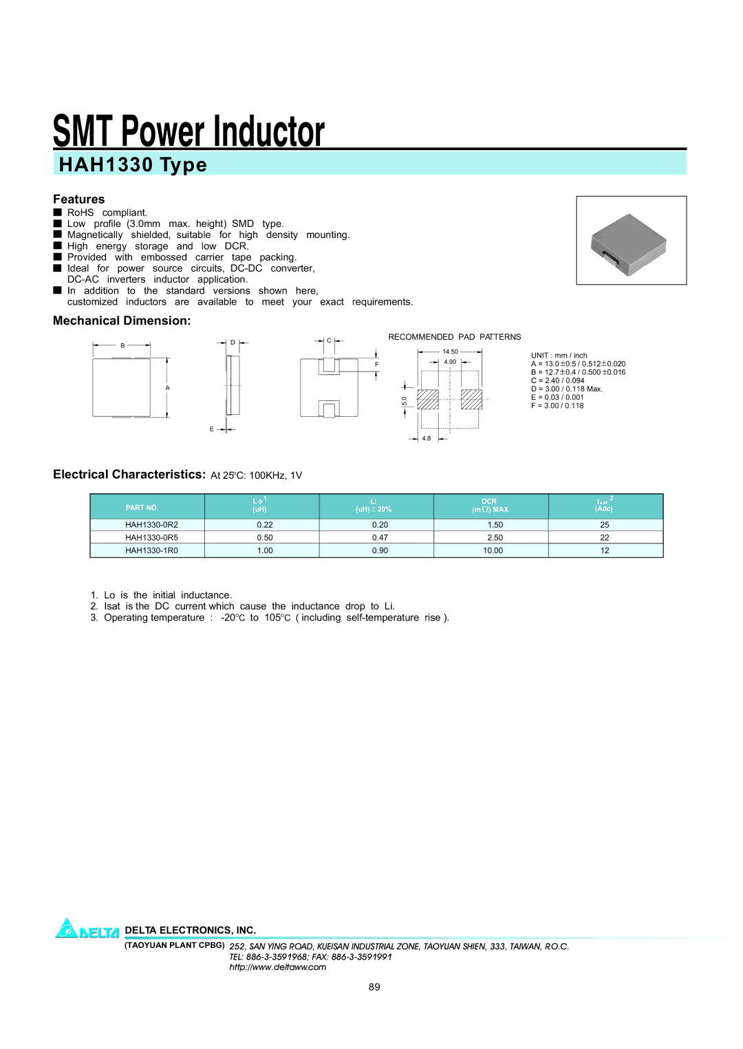 Delta Electronics manual SMT Power Inductor, HAH1330 Type, Features, Mechanical Dimension 