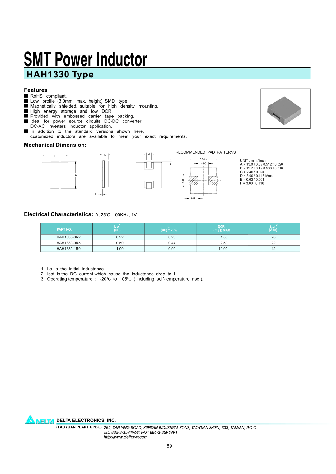 Delta Electronics manual SMT Power Inductor, HAH1330 Type, Features, Mechanical Dimension, Delta Electronics, Inc 