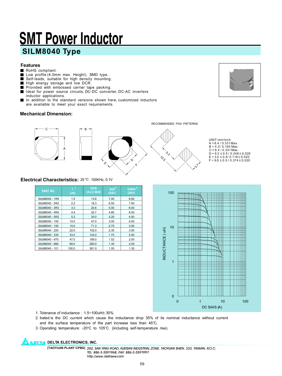 Delta Electronics HAH1340 manual SMT Power Inductor, SILM8040 Type, Features, Mechanical Dimension 