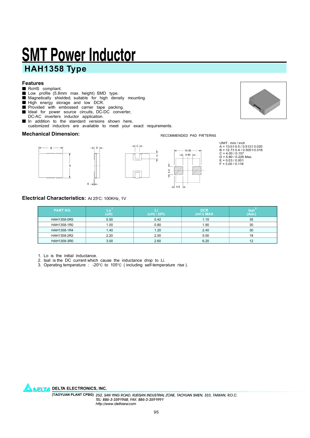 Delta Electronics manual SMT Power Inductor, HAH1358 Type, Features, Mechanical Dimension 