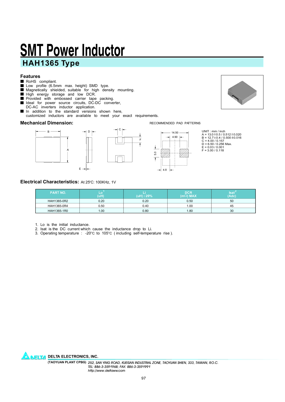 Delta Electronics manual SMT Power Inductor, HAH1365 Type, Features, Mechanical Dimension 