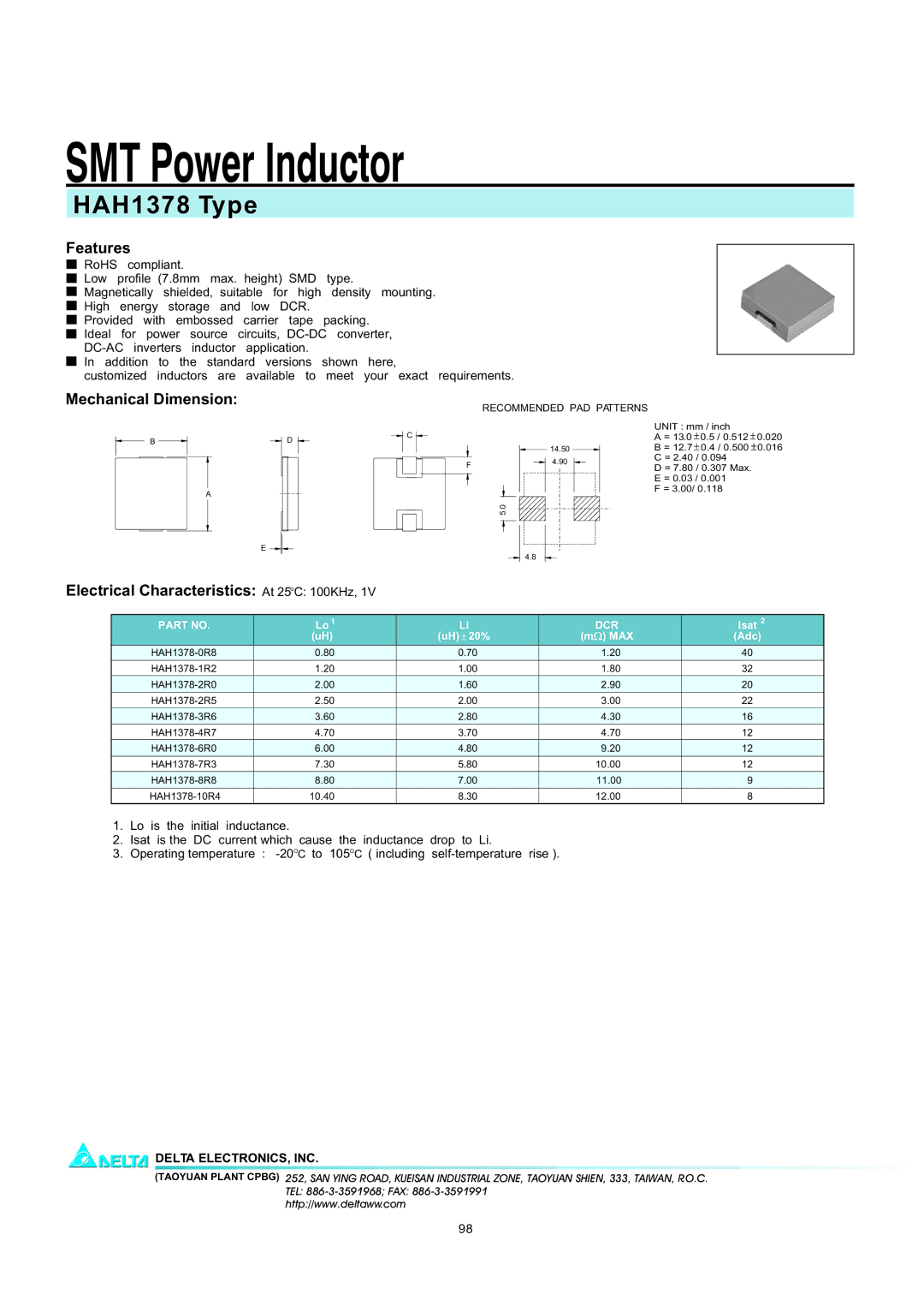 Delta Electronics manual SMT Power Inductor, HAH1378 Type, Features, Mechanical Dimension 