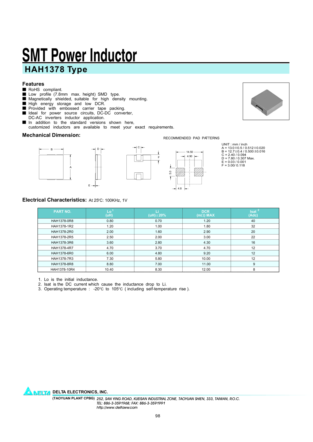 Delta Electronics manual SMT Power Inductor, HAH1378 Type, Features, Mechanical Dimension, Delta Electronics, Inc 
