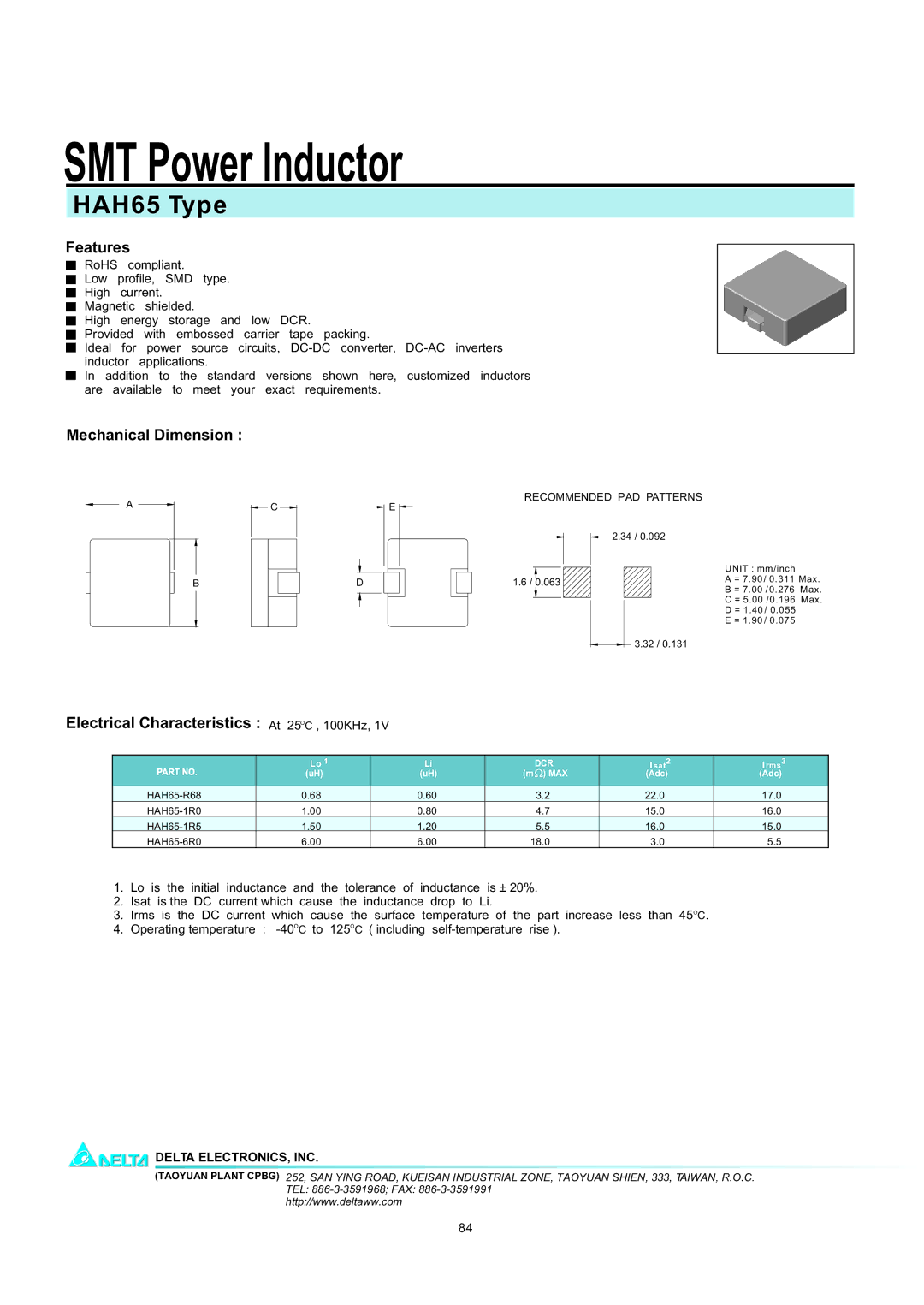 Delta Electronics manual SMT Power Inductor, HAH65 Type, Features, Mechanical Dimension 